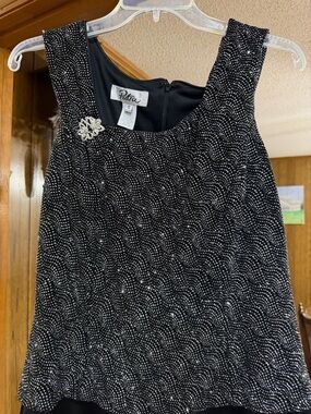 Patra Black Sleeveless Beaded Evening Shell with Rhinestone Accent